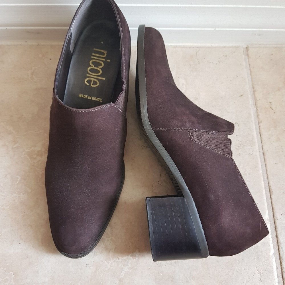Nicole Martini Suede Brown Heels Loafers Slip On Ankle Booties Brazil 6.5